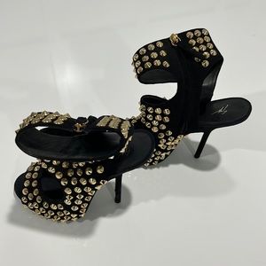 Giuseppe Zanotti Black Suede and Gold Studded Sandals, 39